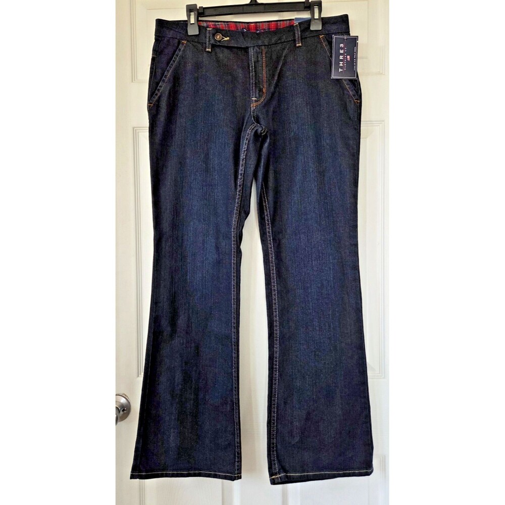THRE3 Women's Dark Wash Blue Denim Jeans Mid Rise Flare Leg Size 12 NWT